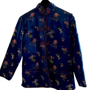 Peony Chinese Blue Quilted Vintage Jacket Dark Blue Floral Mandarin Collar L
